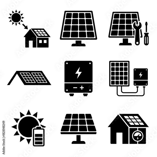 Icon set of solar energy symbols in minimalist black style