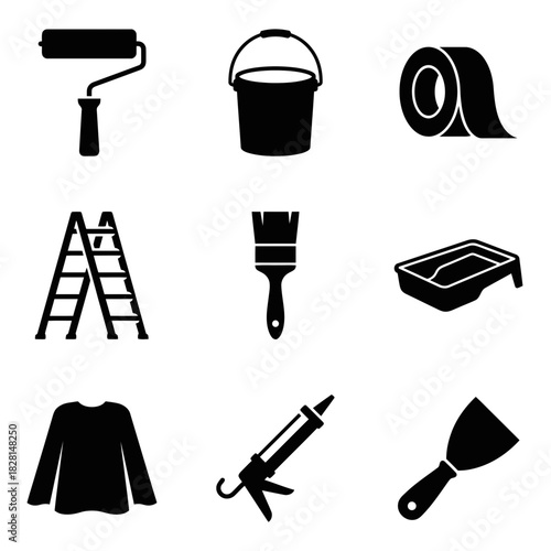 Icon set 28 featuring painting and construction tools in black silhouette