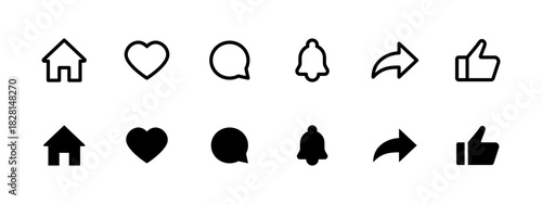 UI interface icon set. Home, heart, chat, bell, share and like vector illustration. Clean outline and solid styles for apps symbol. Minimal interface elements for communication sign.
