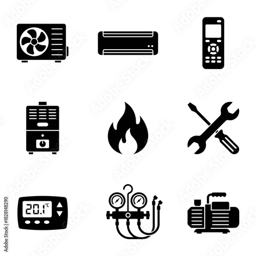 Icon set of HVAC equipment in minimalist style with black color scheme