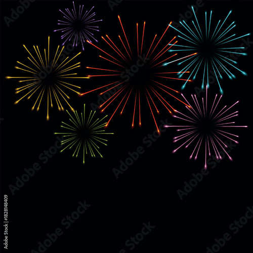 Festive multicolored fireworks PNG. Exploding various fireworks on a transparent background. Festive background.