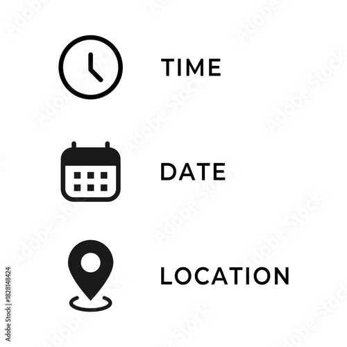 UI icons. Clock, calendar date and location marker vector illustration. Event schedule elements for planning symbol. Navigation and reminder details sign. Modern interface concept pictogram.