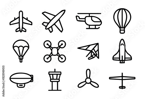 Set of air transport icons in minimalist bold-line style: airplane, jet, helicopter, hot air balloon, parachute, drone, hang glider, rocket, zeppelin, control tower, propeller, and glider.