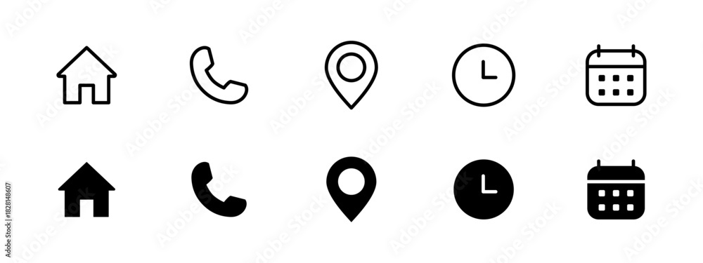 Fototapeta premium Interface icon set. Phone receiver, home, location pin, clock and calendar elements form a clean contact vector illustration. Navigation and scheduling symbol. Call and visit planning sign.