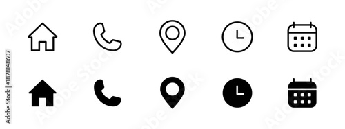 Interface icon set. Phone receiver, home, location pin, clock and calendar elements form a clean contact vector illustration. Navigation and scheduling symbol. Call and visit planning sign.