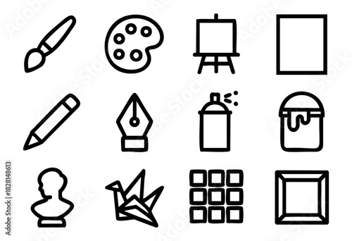 Set of art icons in minimalist bold-line style: brush, palette, easel, canvas, pencil, pen nib, spray paint, bucket, bust, origami, grid, and frame.