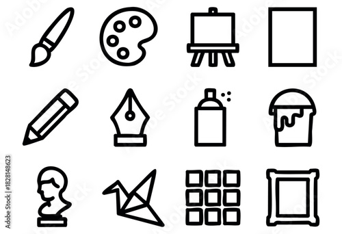 Set of art icons in minimalist bold-line style: brush, palette, easel, canvas, pencil, pen nib, spray paint, bucket, bust, origami, grid, and frame.