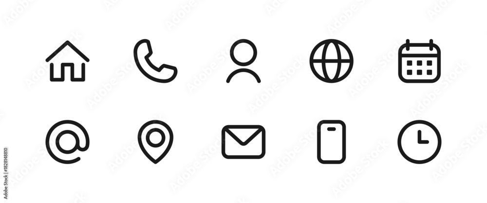 Naklejka premium Contact icon set. Home, phone, user, globe, email, calendar and location elements form a clean communication vector illustration. Mobile and message symbol. Interface details sign.