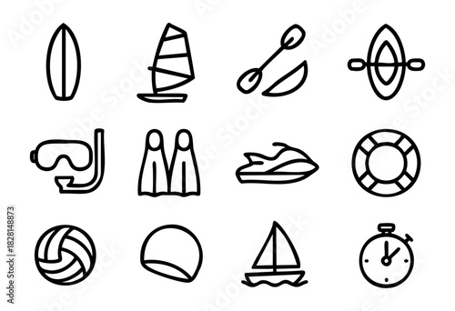 Set of water sports icons in minimalist bold-line style: surfboard, windsurf, paddle, kayak, snorkeling mask, fins, jet ski, lifebuoy, volleyball, swim cap, sailboat, stopwatch.