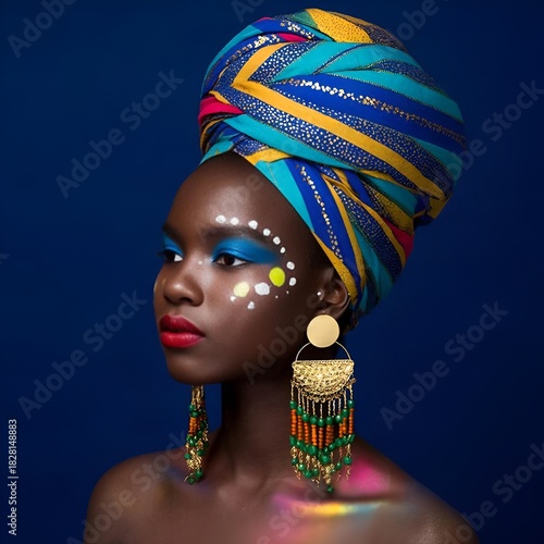 Young Black woman with colorful headwrap and vibrant makeup on blue background  