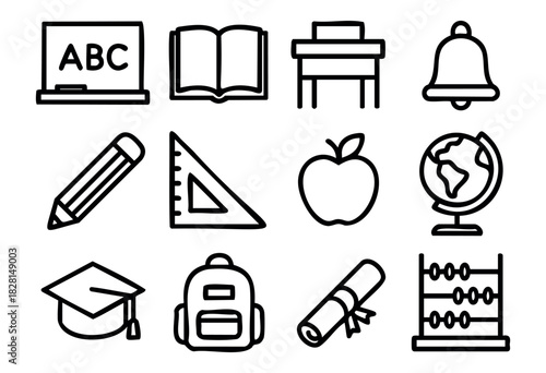 Set of teacher and education icons in minimalist bold-line style: blackboard, book, desk, bell, pencil, ruler, apple, globe, graduation cap, backpack, diploma, abacus.