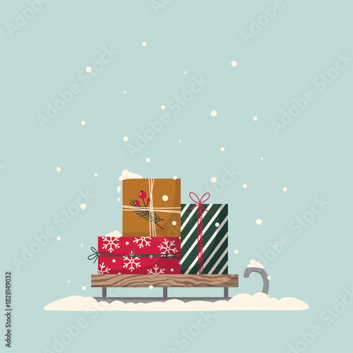 Holiday delivery: sleigh with gift boxes. Vector flat illustration of a wooden sleigh loaded with wrapped gifts in red, green and kraft, falling snow on a light blue background.