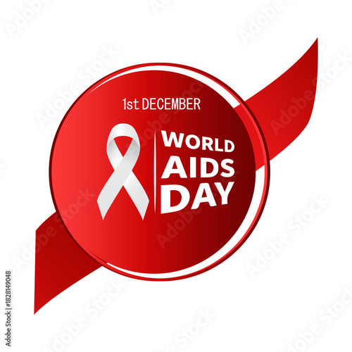 World AIDS Day (1st December) featuring the white awareness ribbon symbol on a red circle, promoting global HIV/AIDS awareness and support. Available as vector, JPG, and high-resolution PNG file.