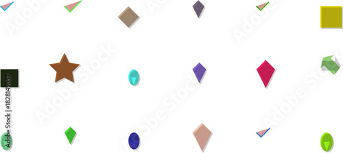 Colorful geometric shapes float on a white background in a playful design