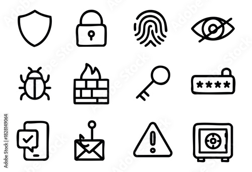 Set of cybersecurity icons in minimalist bold-line style: shield, lock, fingerprint, hidden eye, bug, firewall, key, password, phone verification, phishing, warning, safe.
