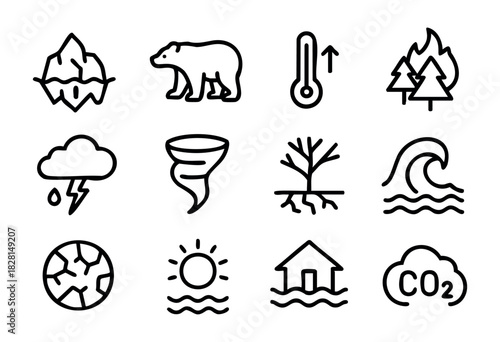 Set of climate change icons in simple bold-line style: iceberg, polar bear, thermometer, wildfire, thunderstorm, tornado, drought tree, flood, wave, CO2 cloud, sun.