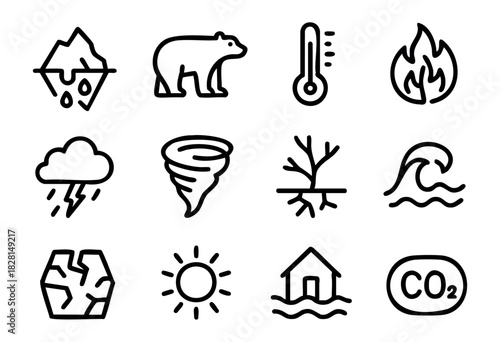 Set of climate change icons in simple bold-line style: iceberg, polar bear, thermometer, wildfire, thunderstorm, tornado, drought tree, flood, wave, CO2 cloud, sun.