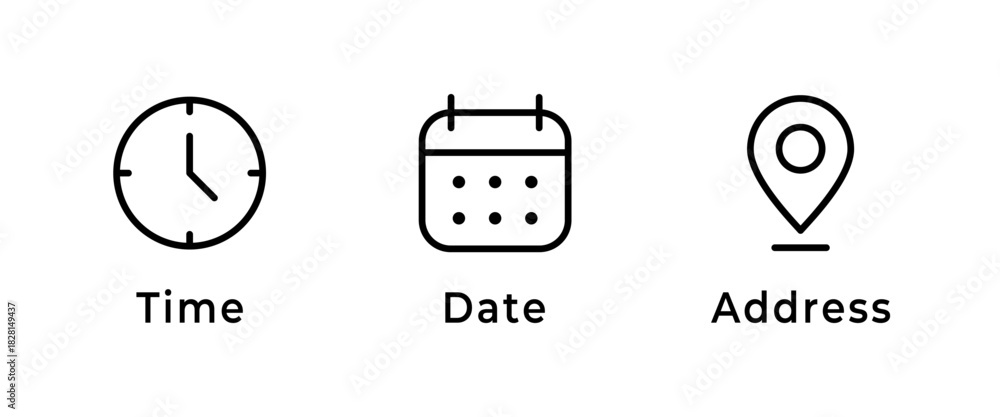 Naklejka premium Time, date and address icon. Clock, calendar and location elements for scheduling vector illustration. Useful date and address details for navigation symbol. Clean minimal layout for interface sign.