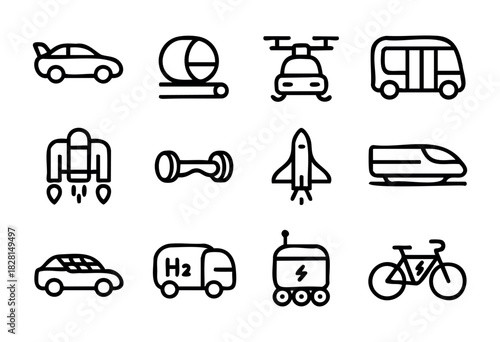 Set of futuristic transport icons in simple bold-line style: flying car, hyperloop, drone taxi, autonomous bus, jetpack, hoverboard, space shuttle car, solar train, solar car, hydrogen truck, robotic 