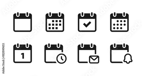 Calendar icon. Bold date planner with check mark, time and mail accents vector illustration. Event reminder symbol for schedules and meetings sign. Modern minimal planning concept pictogram.