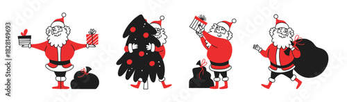 Doodle Set of funny Santa Clauses. Gifts and Christmas tree for New Year. Linear color vector illustration