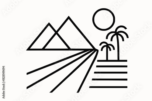Black-and-white line drawing of straight road leading to triangular mountains with sun and trees. Geometric, symmetrical design ideal for travel, nature, and editorial use.