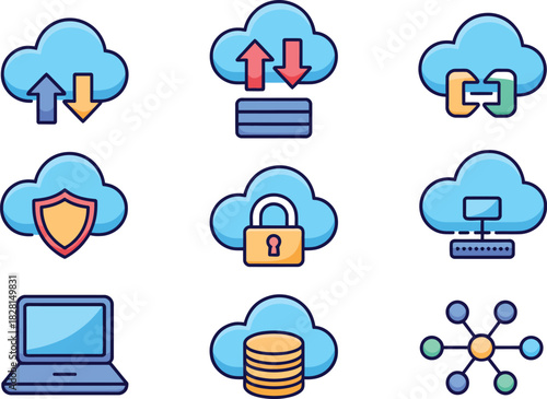 Illustration of cloud computing icons representing various cloud services