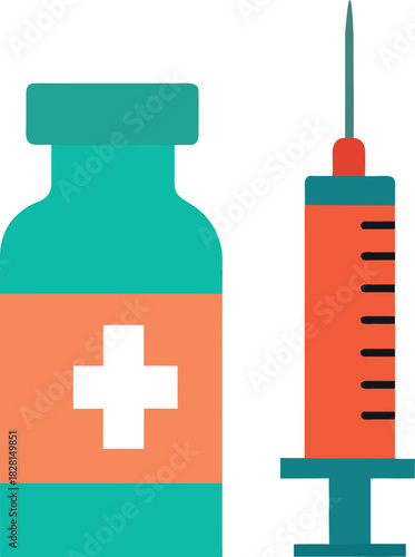 Colorful Medical Syringe and Vial Illustration with Plus Symbol and Measurement Details