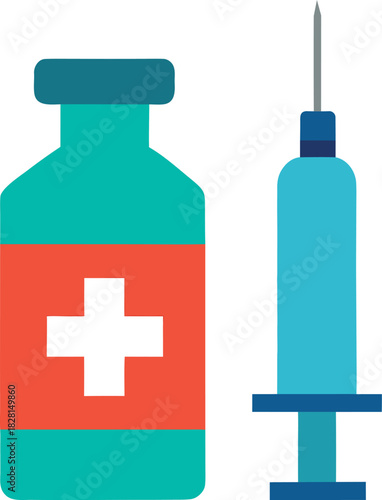Color Medical Vial and Syringe Illustration with Plus Symbol and Upright Needle