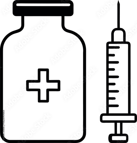 Medical Syringe and Vial Line Drawing with Plus Symbol and Measurement Markings