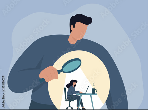 Giant Man Inspecting Woman at Work Through Magnifying Glass in Flat Vector Illustration, Surveillance Oversight, Workplace Scrutiny, Digital Inspection, Privacy Invasion, Magnified Observation