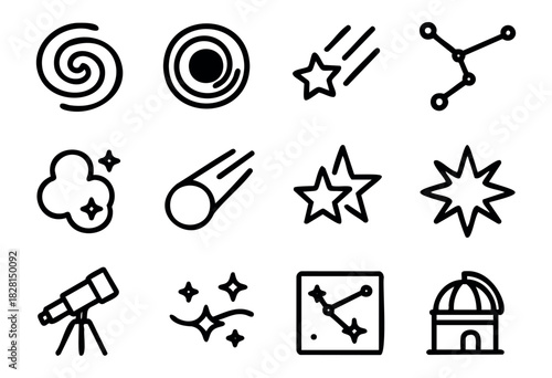 Set of galactic icons in simple bold-line style: galaxy, black hole, shooting star, constellation, nebula, comet, double star, supernova, telescope, star cluster, map, observatory.