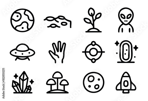 Set of alien world icons in minimalist bold-line style: planet, crater, alien plant, alien, UFO, alien hand, portal, energy core, crystal, moon, alien base, spaceship.