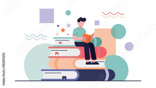 Modern Flat Education Concept with Student Reading on Stacked Books