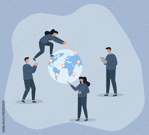 Global Teamwork in Flat Vector Style: People Collaborating Around a Pinned World Globe, Global Collaboration, World Connectivity, Team Interaction, Location Mapping, Digital Unity