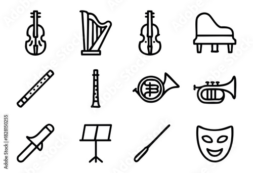 Set of classical music icons in simple bold-line style: violin, harp, cello, piano, flute, clarinet, horn, trumpet, baton, music stand, mask.