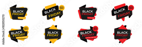 Black Friday discount badges with dynamic shapes and bold promotional style.