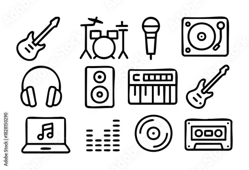 Set of modern music icons in bold minimalist style: guitar, drums, microphone, turntable, headphones, speaker, keyboard, laptop, equalizer, record, cassette.