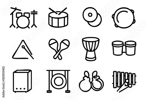 Set of percussion instrument icons in simple bold-line style: drum set, snare, cymbals, tambourine, triangle, maracas, djembe, bongos, cajon, gong, castanets, xylophone.
