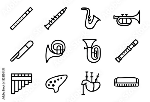 Set of wind instrument icons in bold minimalist line style: flute, clarinet, saxophone, trumpet, trombone, French horn, tuba, recorder, pan flute, ocarina, bagpipes, harmonica.