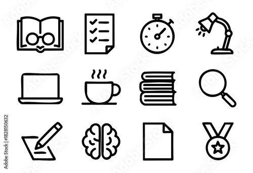 Set of exam and study icons in simple bold-line style: open book, checklist, stopwatch, lamp, laptop, coffee cup, stack of books, magnifier, writing hand, brain, paper, medal.
