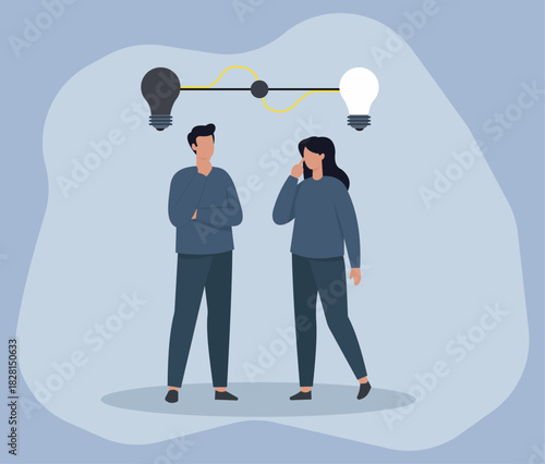 Flat Vector Illustration of Two Thoughtful People Connected by Black and White Lightbulbs Symbolizing Idea Contrast, Brainstorming, Innovation Exchange, Creative Thinking, Idea Polarity