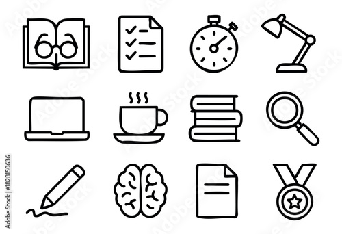 Set of exam and study icons in simple bold-line style: open book, checklist, stopwatch, lamp, laptop, coffee cup, stack of books, magnifier, writing hand, brain, paper, medal.