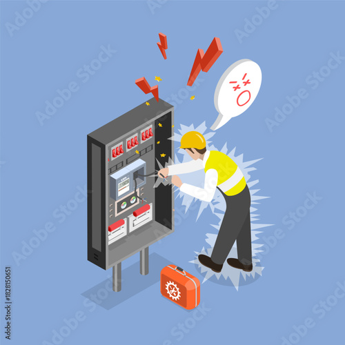 3D Isometric Flat Vector Illustration of Electrical Accident, Industrial Safety On Electric Shock