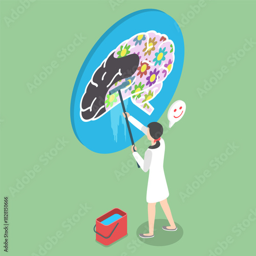 3D Isometric Flat Vector Illustration of Depression Overcome, Eliminating Mental Barriers, Starts Living A Joyful Life