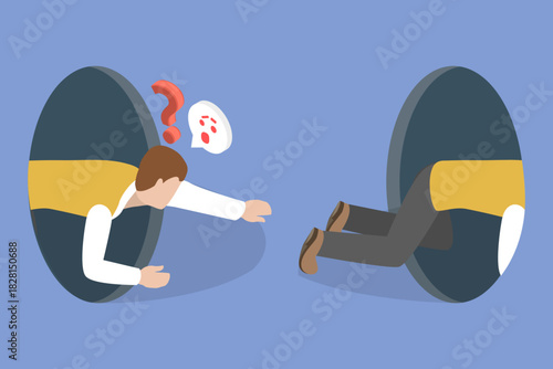 3D Isometric Flat Vector Illustration of Self-Observation, Man Kneels And Sees Himself Reflected In A Hole