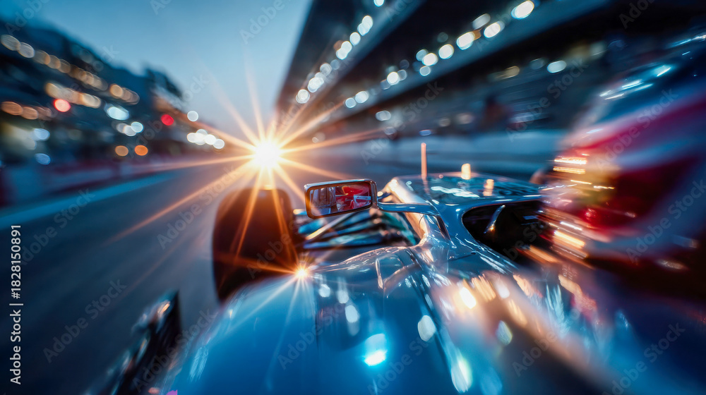 Naklejka premium Dynamic POV shot from inside a race car speeding through a brightly lit racetrack