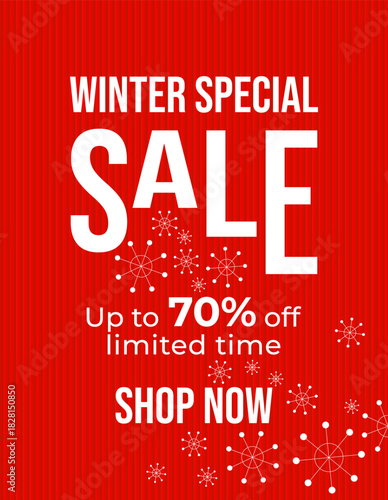 Red sale poster with bold white typography, elegant script text, and festive snowflake illustrations. Modern holiday discount banner