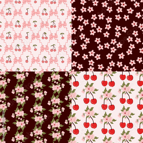 cherry blossom berry seamless pattern set on pink and green background. wrapping, fabric, textile