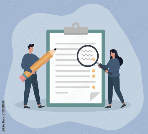 Collaborative Team Reviewing Checklist with Pencil and Magnifier in Flat Vector Illustration, 
Teamwork, Document Review, Editing Process, Inspection, Planning Session